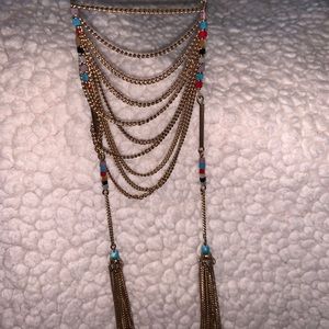 Long necklace with turquoise and red accents